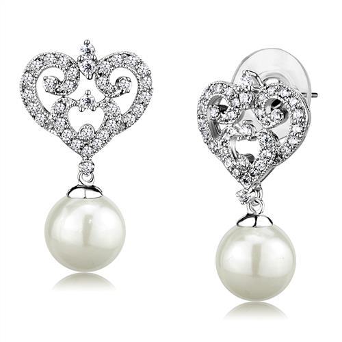 JCE1353 Rhodium Brass Earrings with Synthetic Pearl in White