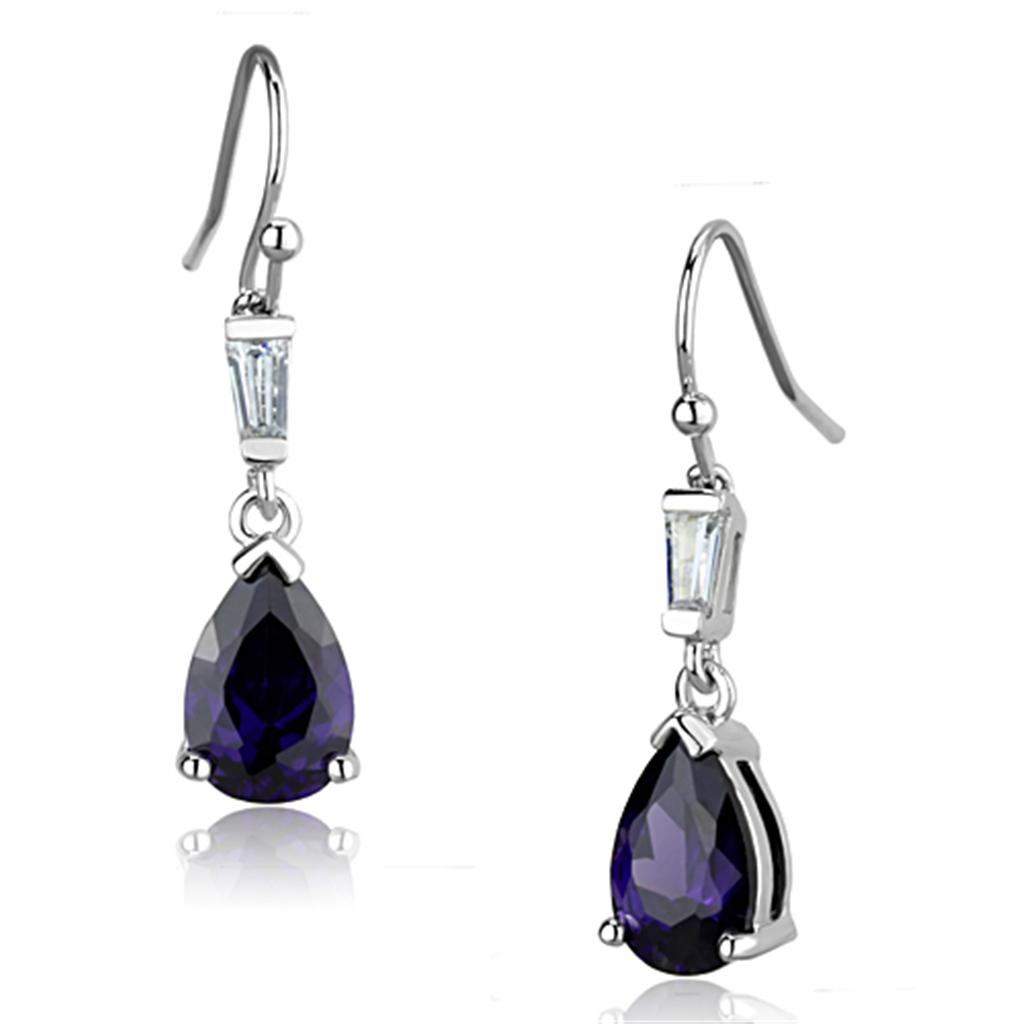 JCE648 Rhodium Brass Earrings with AAA Grade CZ  in Amethyst