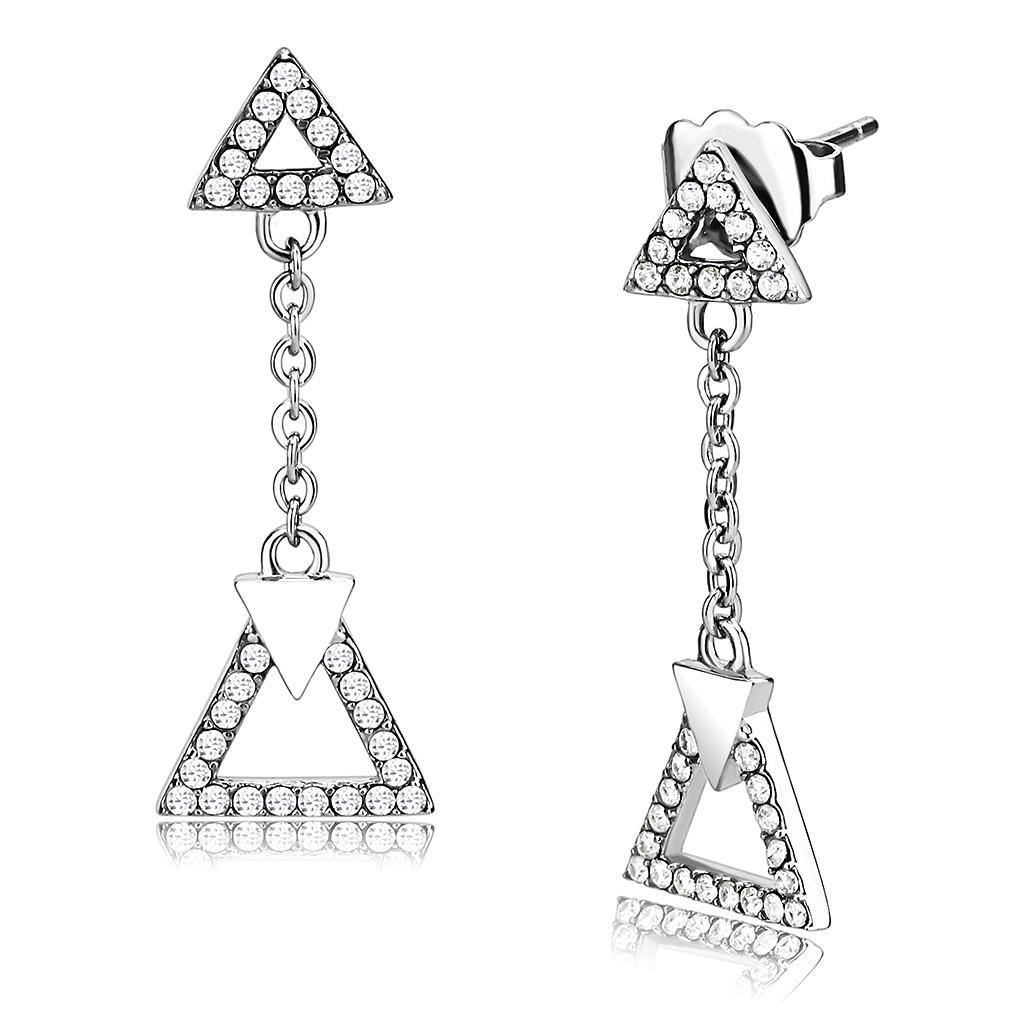 JCE068 High polished (no plating) Stainless Steel Earrings with AAA Grade CZ  in Clear