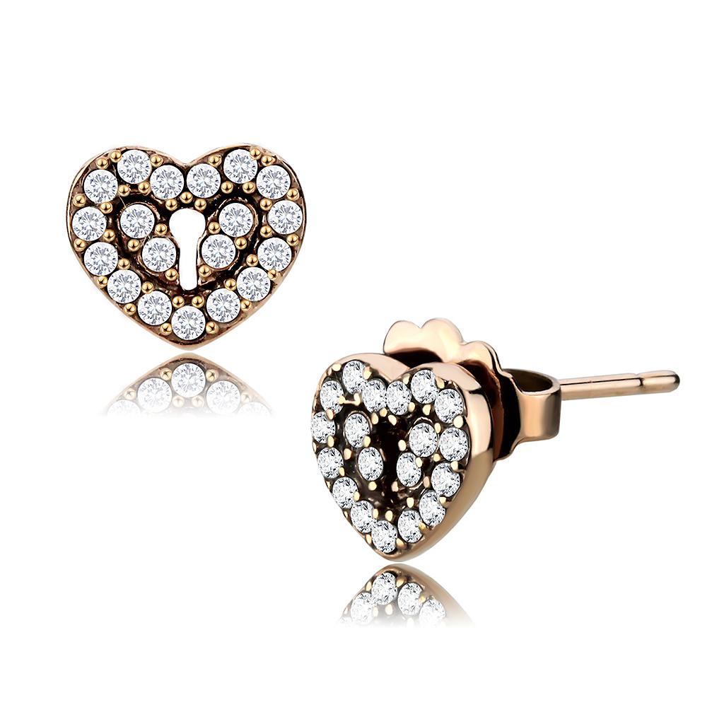 JCE085 IP Rose Gold(Ion Plating) Stainless Steel Earrings with AAA Grade CZ  in Clear