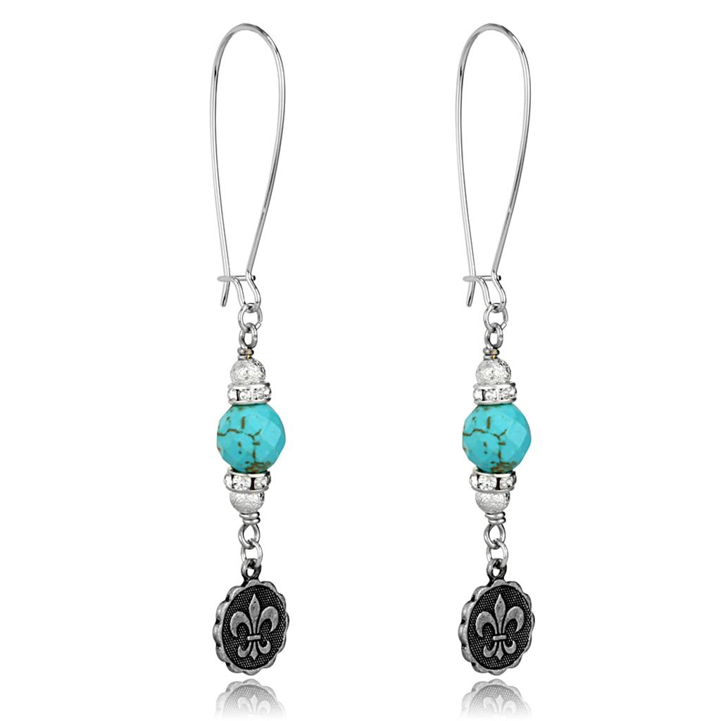 JCE3807 Antique Silver White Metal Earrings with Synthetic Turquoise in Turquoise