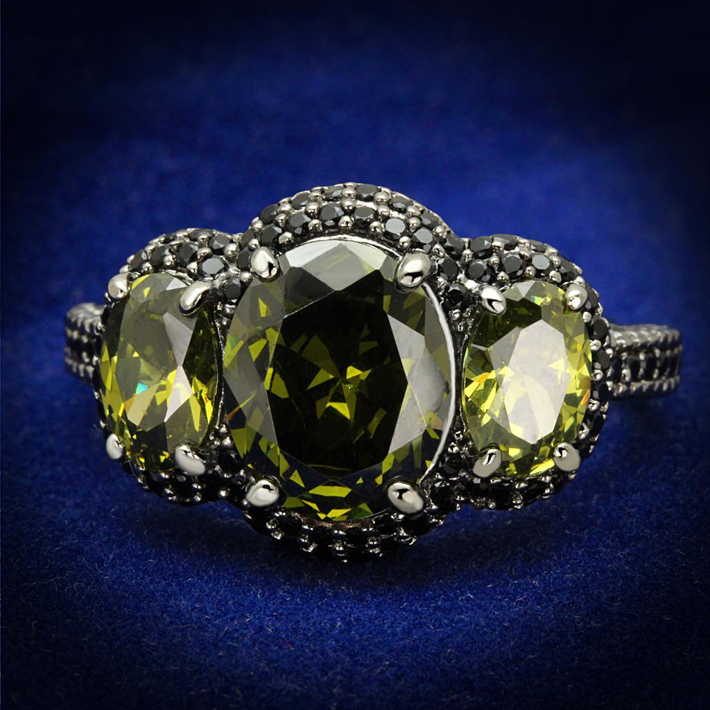 JCE547 Ruthenium 925 Sterling Silver Ring with AAA Grade CZ  in Olivine color